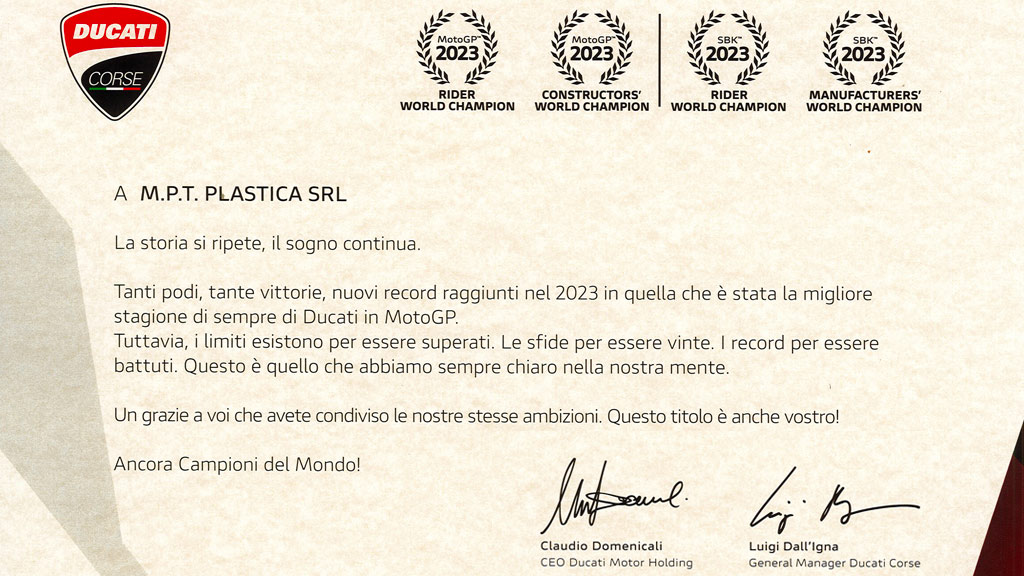 Ducati Corse riconoscimento MPT Plastica Campioni 2023